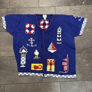 VTG Quacker Factory Cardigan Sweater RETRO Embroidered Sailboat Lighthouse 3XL